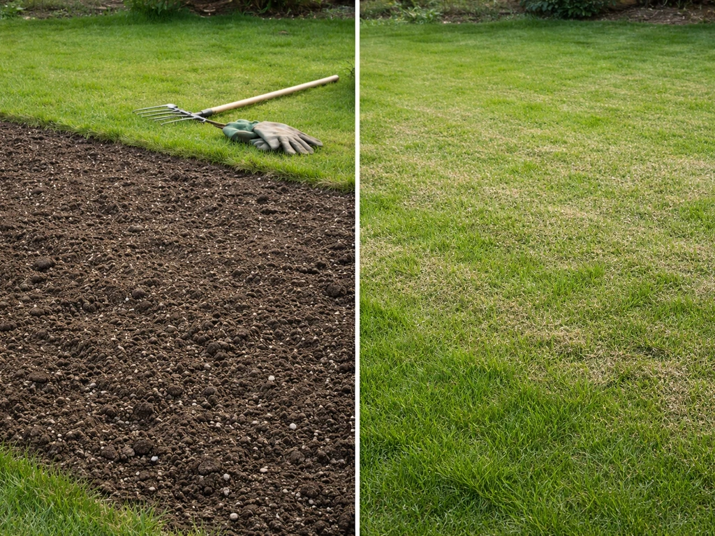 Links nieuw gazon met compost 2–5 cm diep omgespit, rechts oud gazon met dunne topdressinglaag