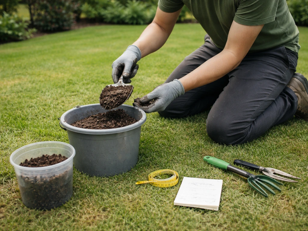 Tuinier maakt pH-check: maatbeker en maatlint op gazon bij een klein schepje compost