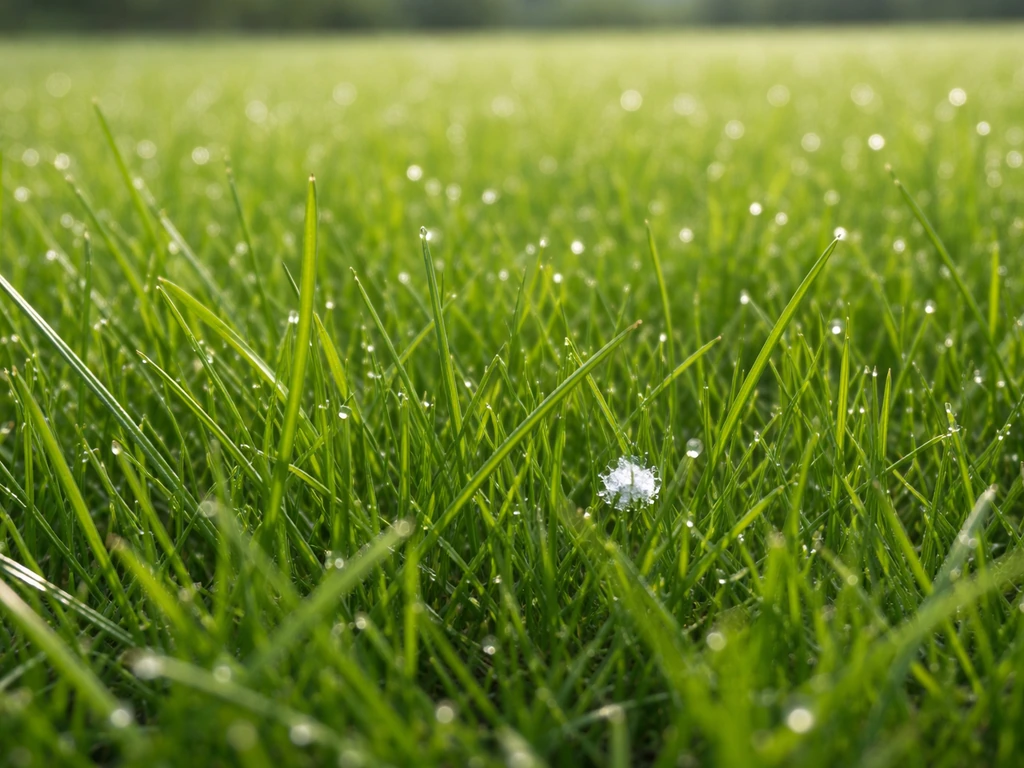 Verzorgd groen Nederlands gazon met een subtiel macro-detail van een helder kristal in het gras.