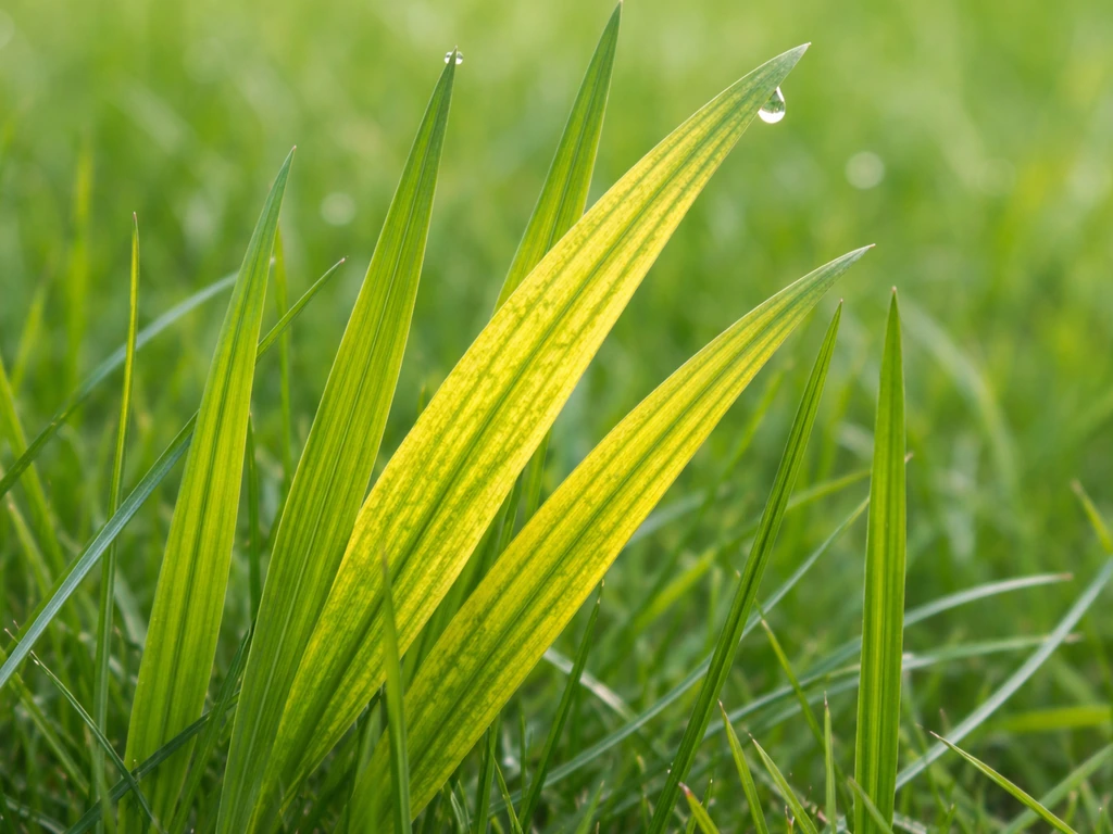 Close-up van gazonbladeren met gele chlorose en groene nerven, passend bij mogelijk magnesiumtekort.