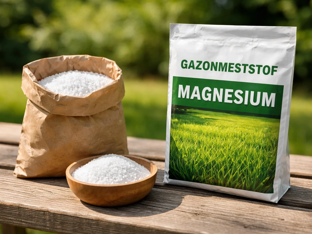 Twee routes: zakje magnesiumsulfaat/Epsom-zout en een gazonmeststof met magnesium op een tuinbank, close-up.