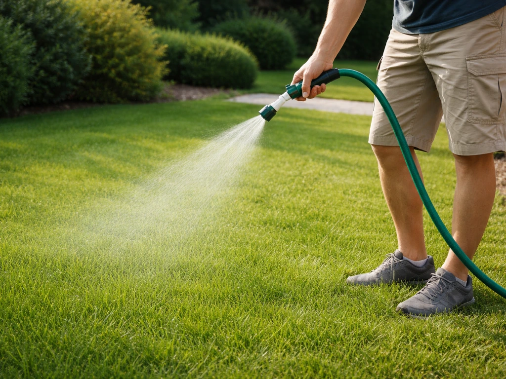 Man sproeit een gazon met een bladspuit met opgeloste magnesium, bij droog weer en laag gras.