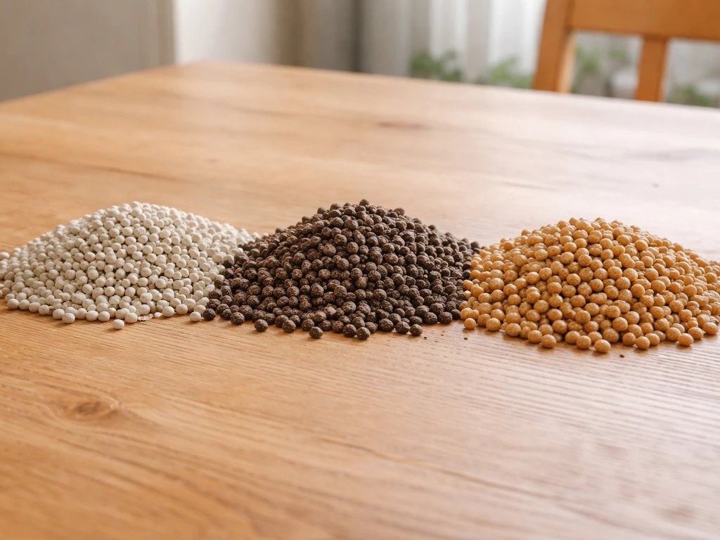 Drie soorten gazonmeststofkorrels (mineraal, organisch en slow-release) als drie hoopjes op een houten tafel.