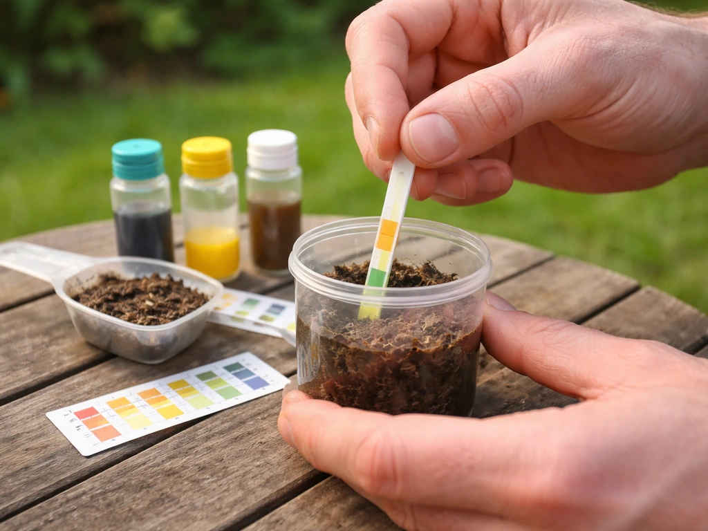 Anonieme handen meten de bodem-pH met een bodemtestset en een grondmonsterbakje in de tuin.