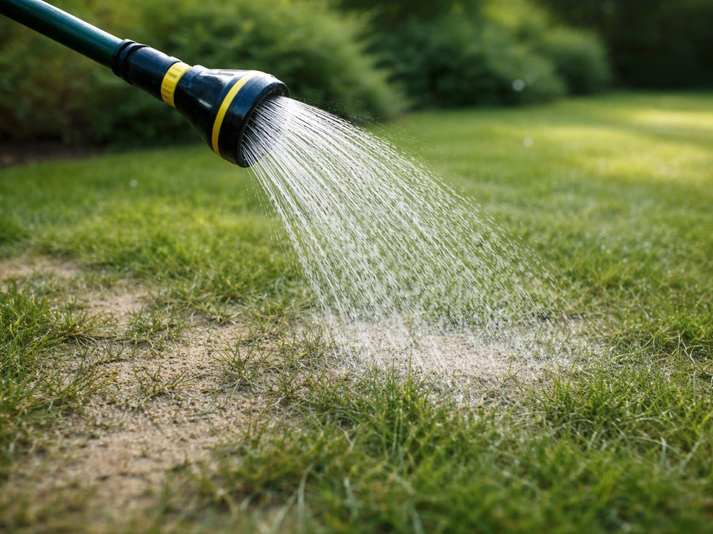 Tuinslang en sproeier die kort na het strooien een licht bevochtigd gazon bewateren