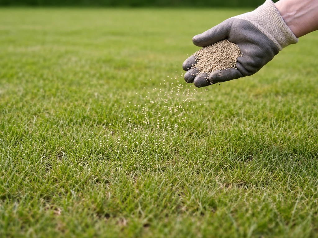 Klaar gemaaid gazon met korte grassprieten; een hand strooit bemestingskorrels gelijkmatig.