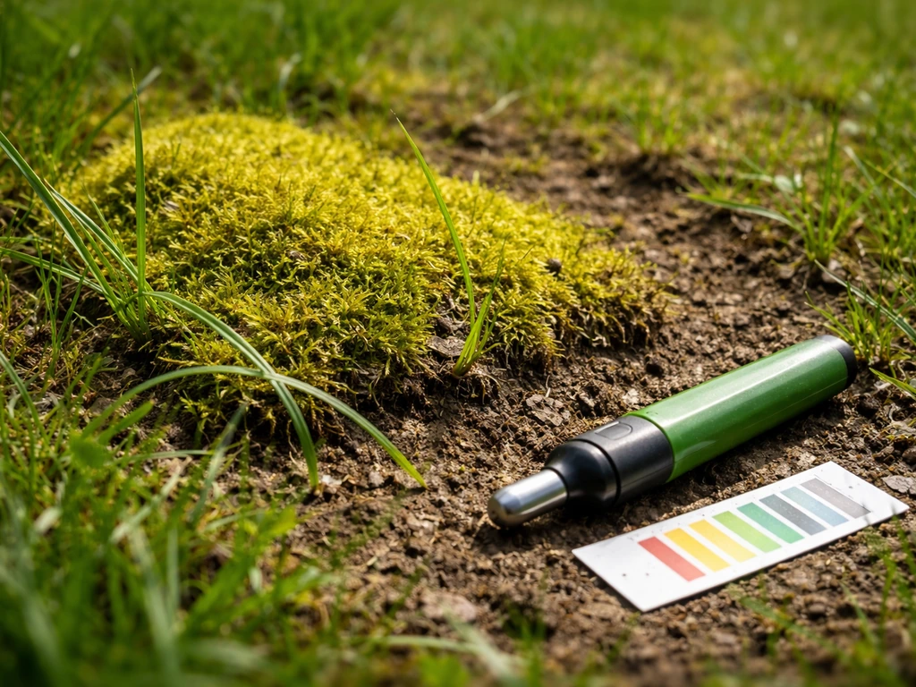 Close-up van mosplekken in het gazon met een pH-teststrip of pH-meter op de grond ernaast.