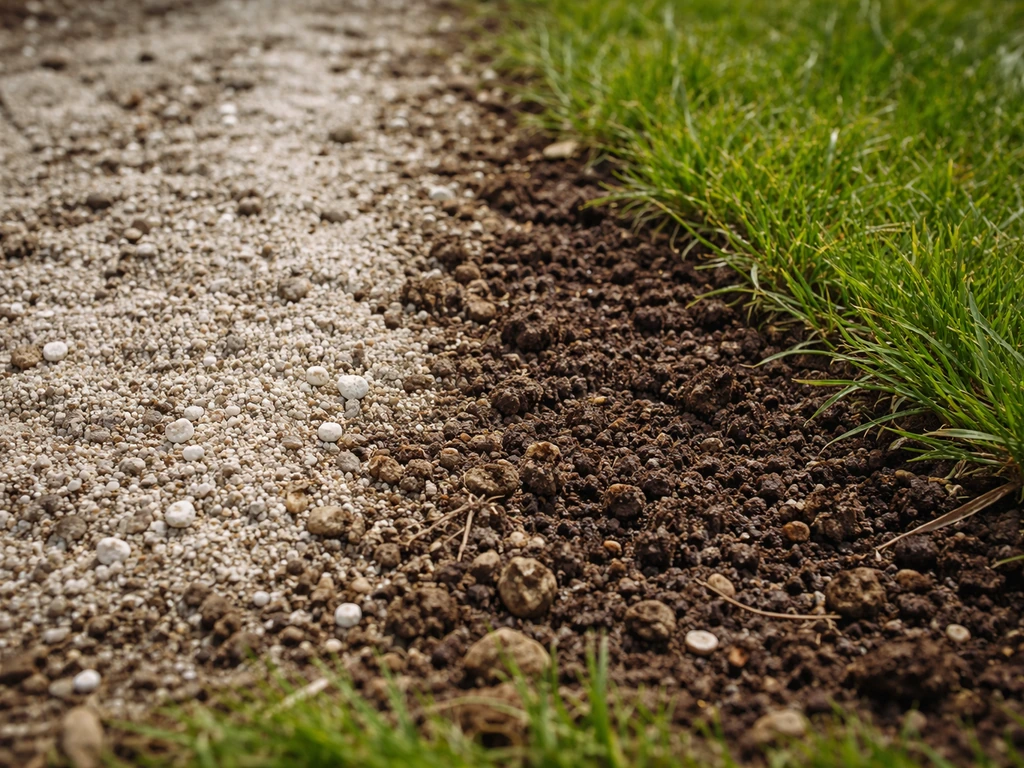 Close-up van kalkrijke, lichte tuingrond naast donkerdere grond met gras, als voorbeeld van te hoge pH.