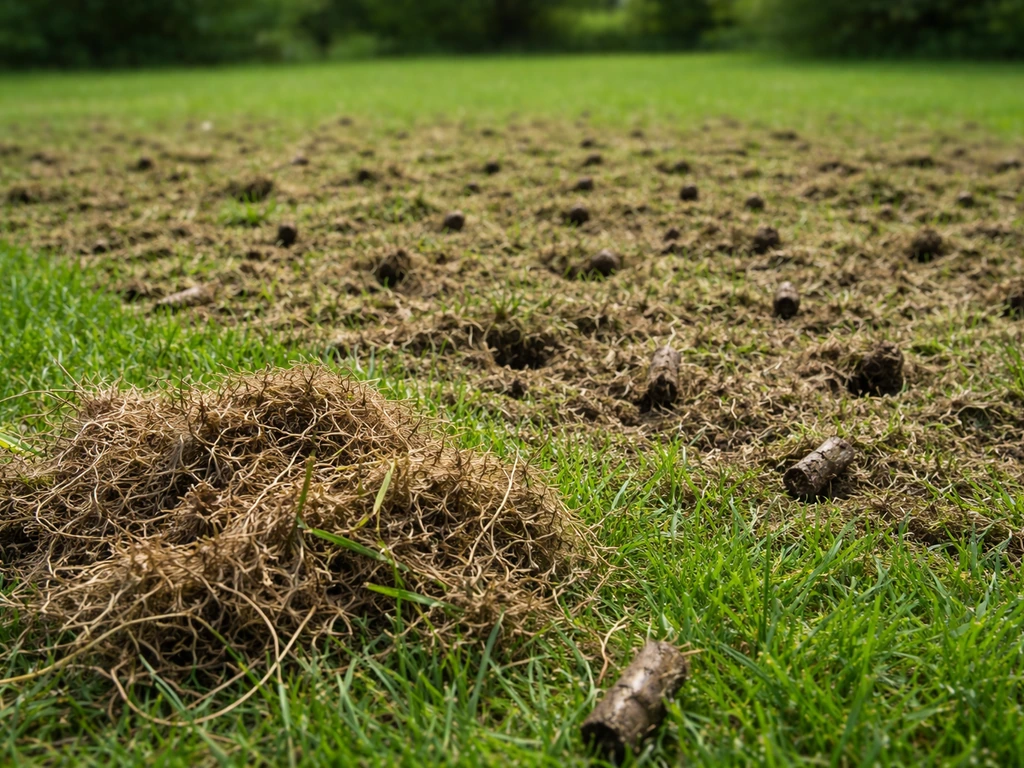 Net verticuteerd en belucht gazon met zichtbare viltresten en beluchtingsgaten, klaar voor doorzaaien.