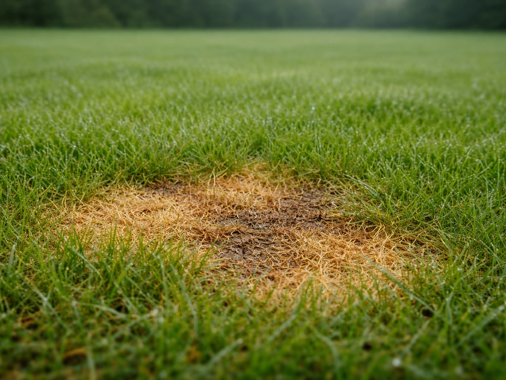 Gazon met geelbruine/oranje brandplekken door overbemesting, gezien van dichtbij, natuurlijk licht