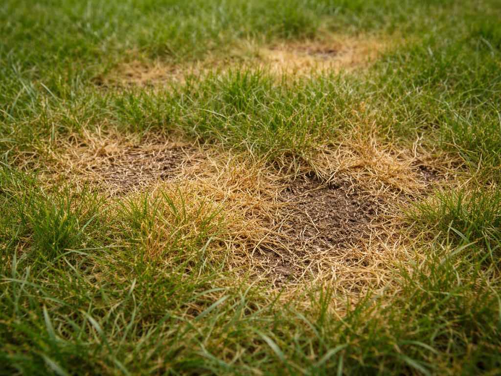 Close-up van geelbruine brandplekken in verdord gras, als teken van overbemesting