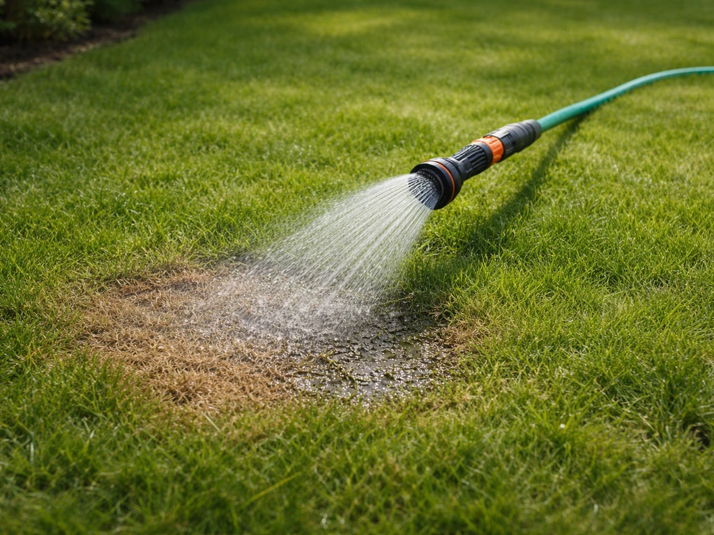 Tuinslang die een brandplek op het gazon direct beregent, met zichtbaar weggespoeld water.