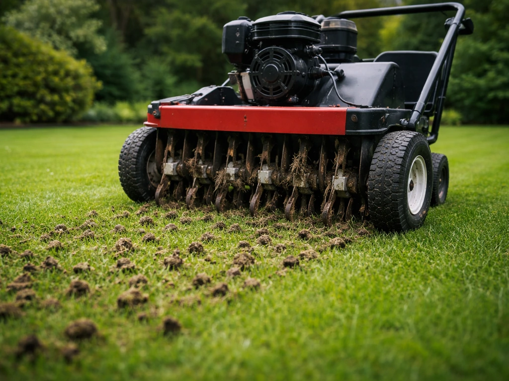 Beluchtingsmachine prikt met een prikrol gaten in een groen gazon voor wortelherstel.