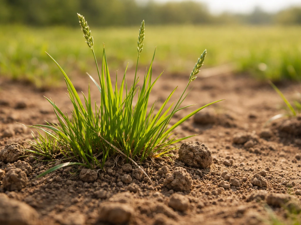 Close-up van fris opstartend gras in vroege lente op warme, droge bodem.