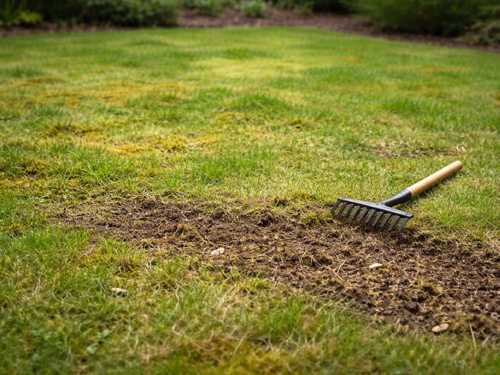 Groen gazon met zichtbare mosplekken en losgeharkte grond, klaar voor voorjaarsbemesting in een rustige tuin