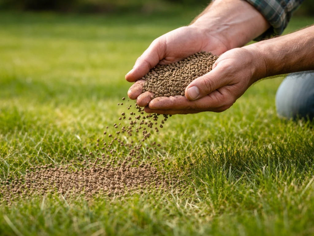 Tuinier die gedroogde koemestkorrels gelijkmatig over een gazon uitstrooit, bodem en gras duidelijk in beeld