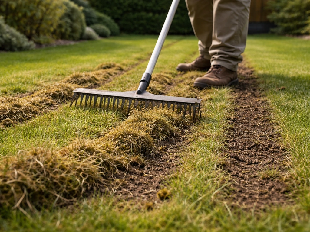 Verticuteerhark die viltlaag losmaakt op een gazon, met zichtbaar vrijgemaakte grond onder het gras.