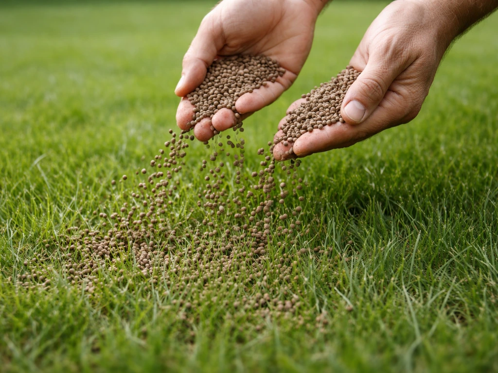 Handen die organische mestkorrels op gazon strooien, met zichtbare korrels op het gras