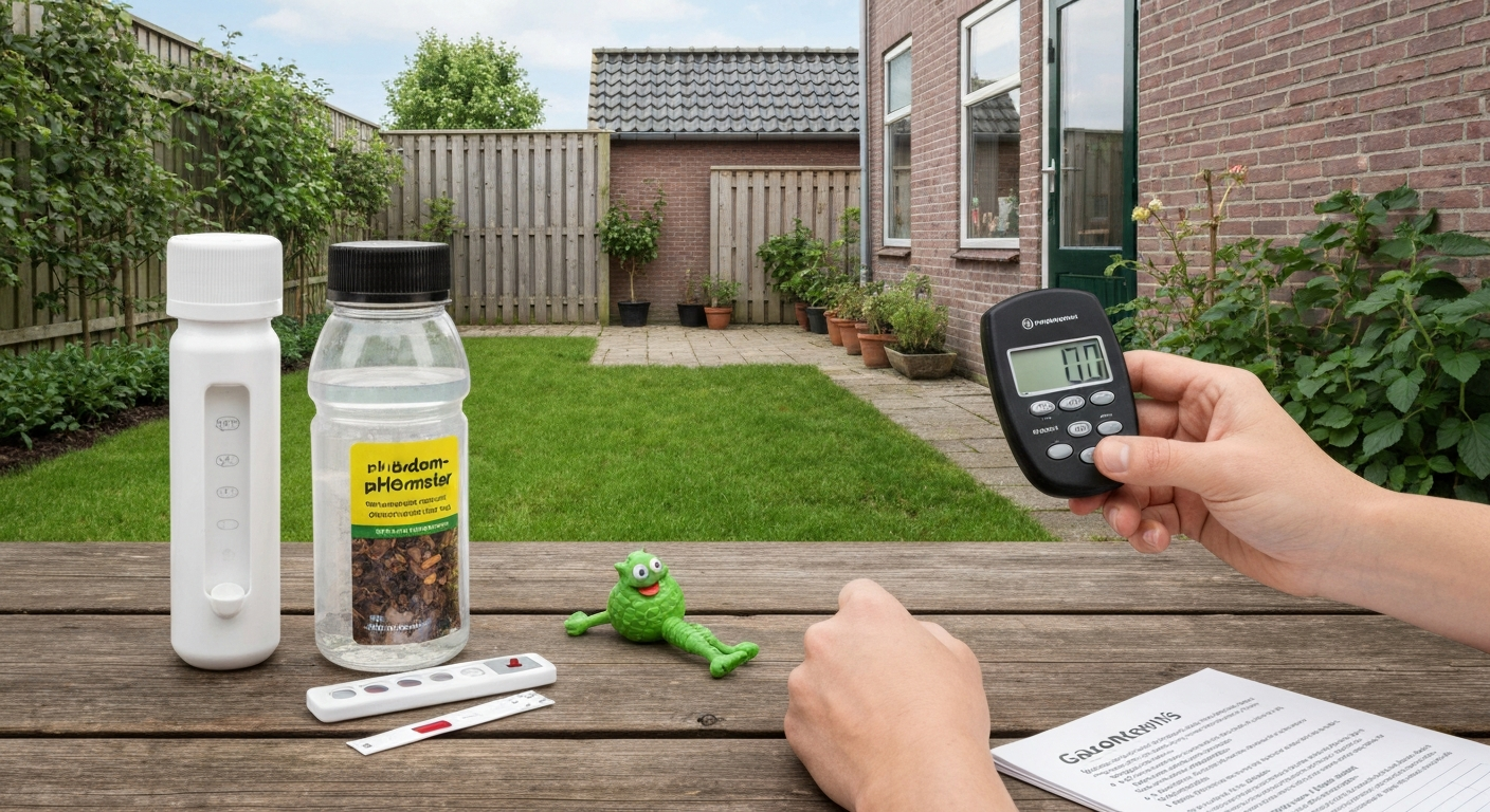 Persoon met handschoenen meet de pH van gazonbodem in een Nederlandse achtertuin; pH-meter, grondboor, emmer met bodemmonsters, gedestilleerd water en teststrips duidelijk in beeld.