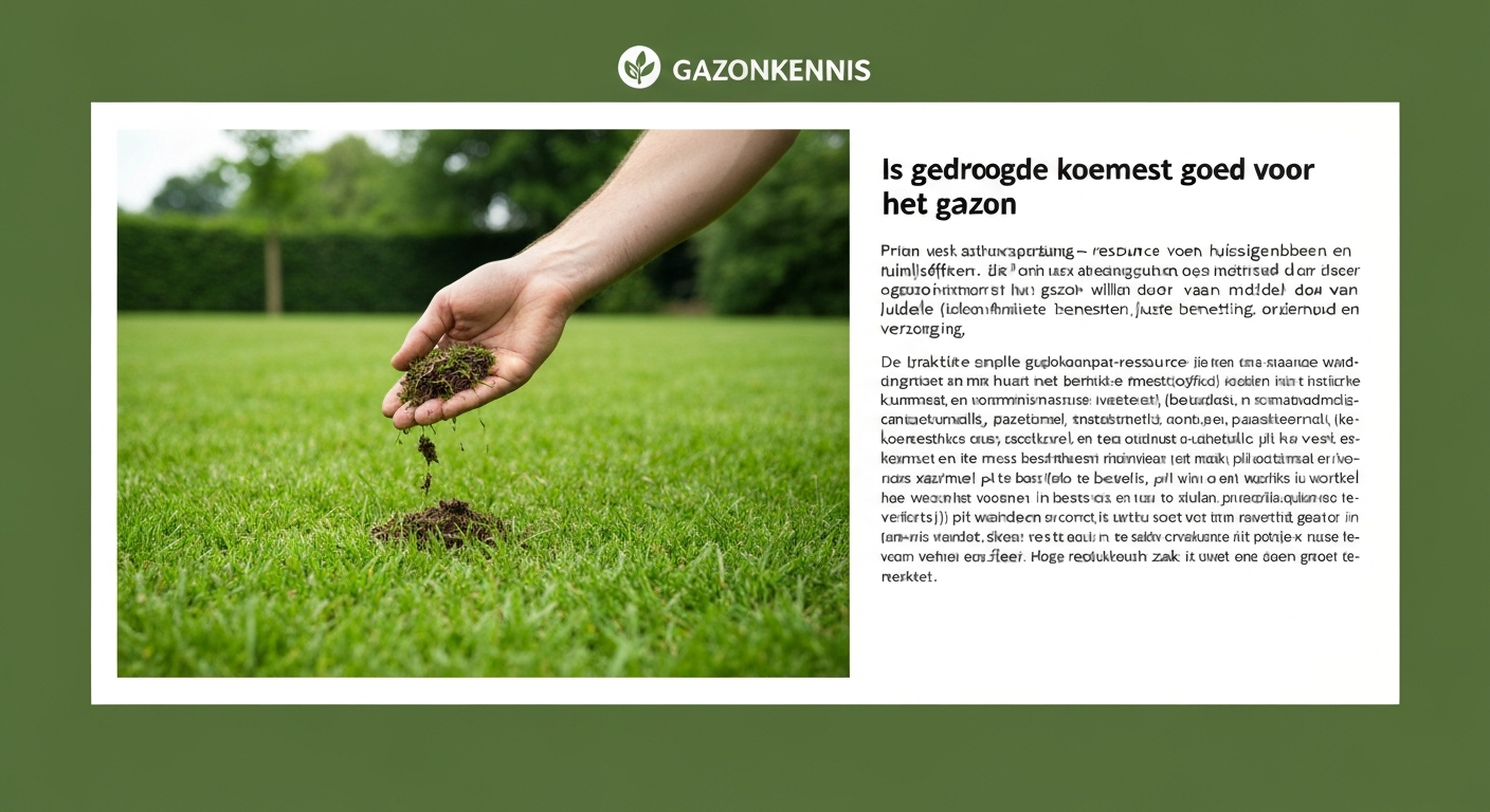 Tuinier strooit gedroogde koemestkorrels met een handstrooier op een gezond Nederlands gazon