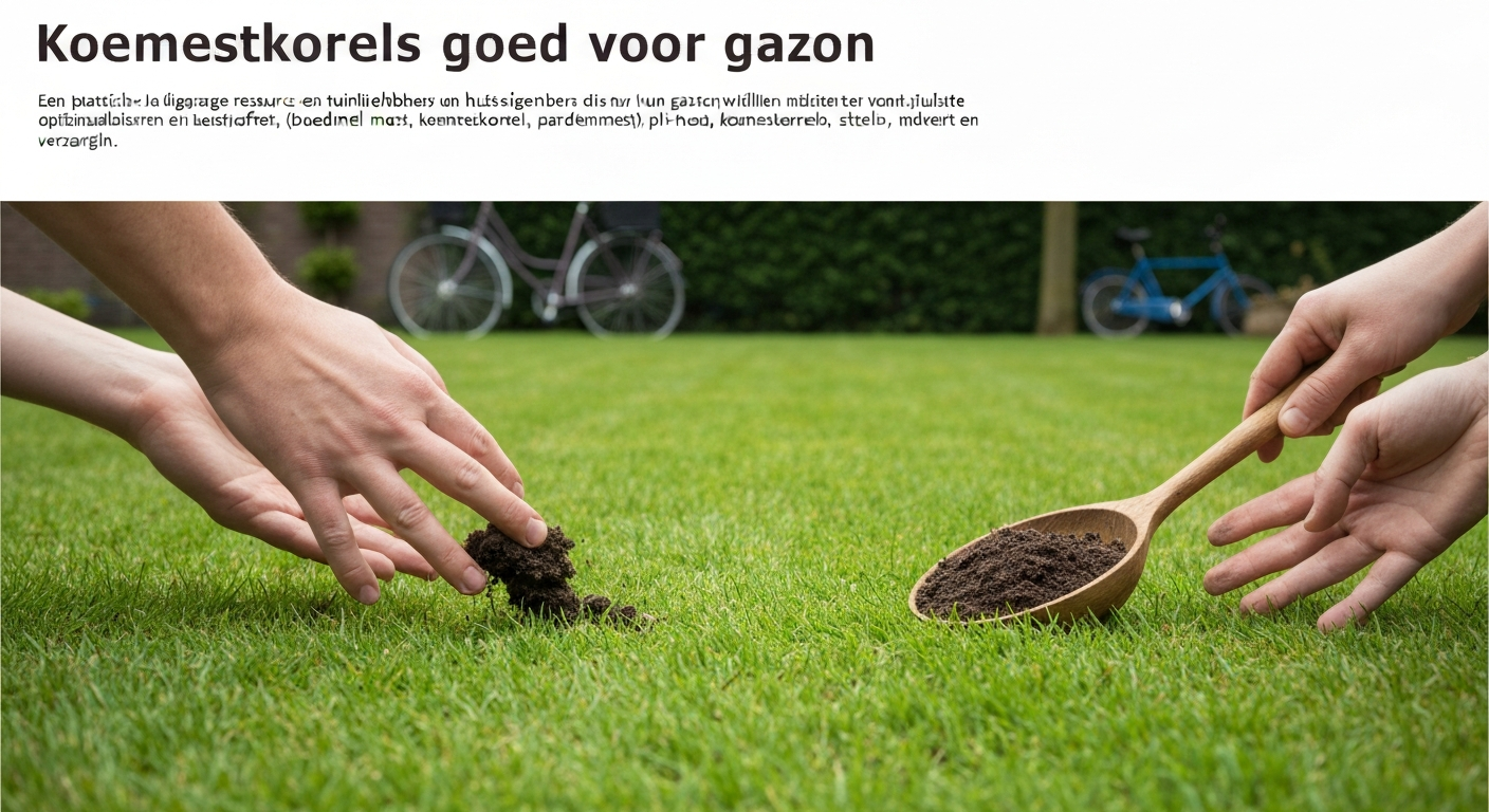 Gezond groen gazon in Nederlandse tuin, iemand strooit koemestkorrels
