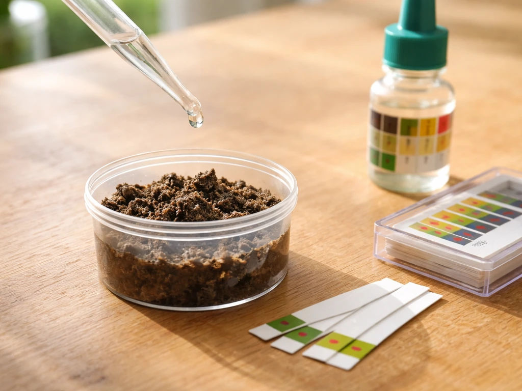 Thuismeting van de pH van gazonbodem: pH-strips en druppelkit bij een bakje bodem op een werkblad
