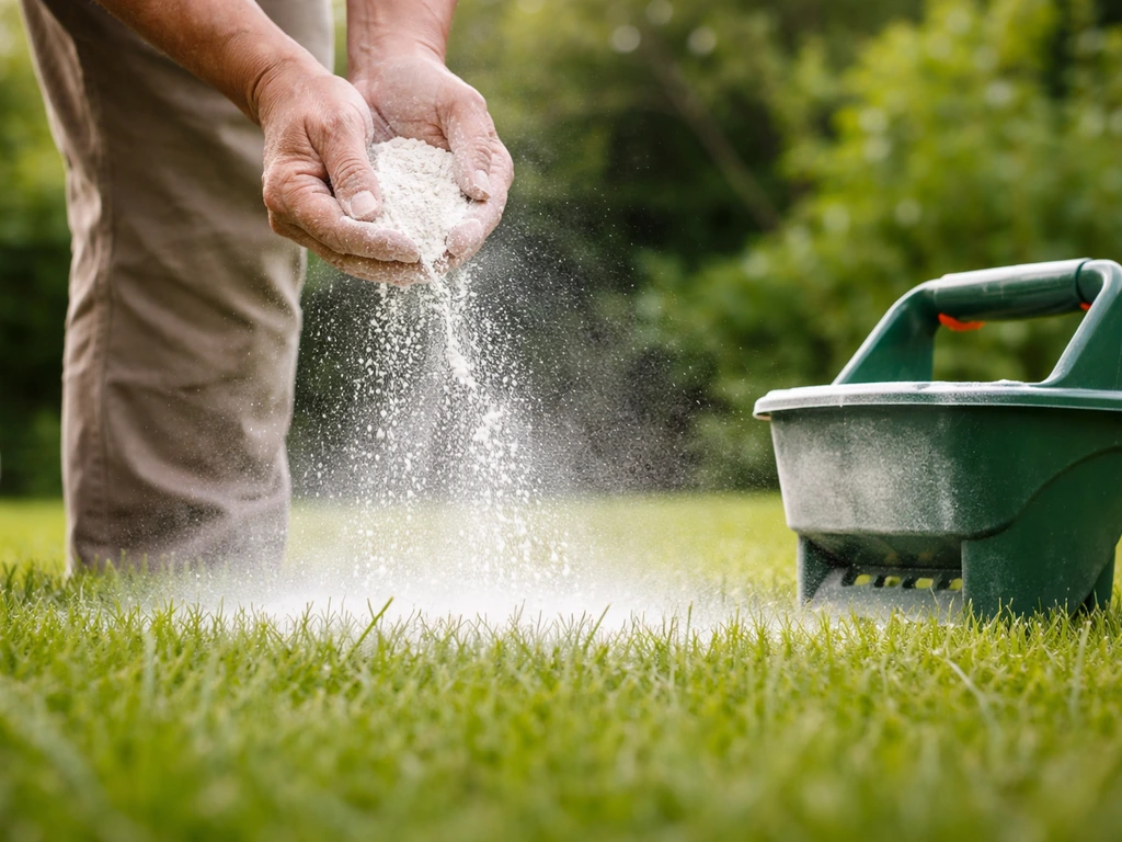 Handen strooien koolzure kalk over een gazon; gemaaide grassprieten zijn zichtbaar voor een pH-bijstelling.