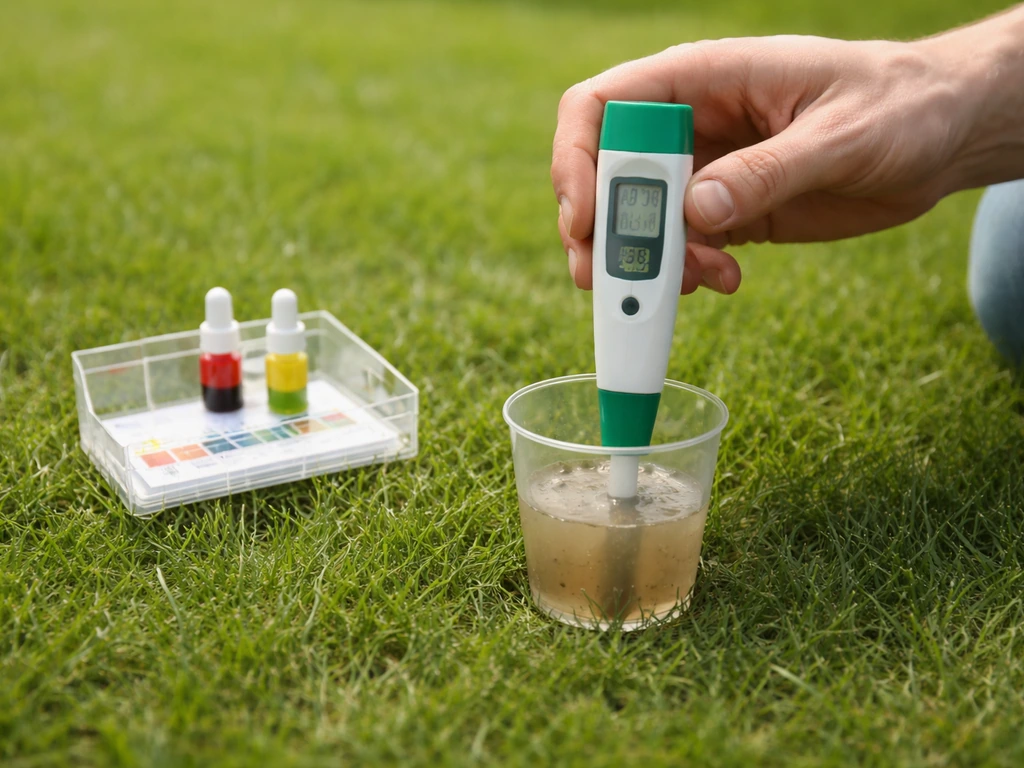 Handen die op een gazon een digitale pH-meter gebruiken met een bekertje bodemextract.