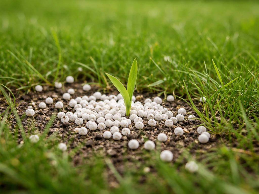Close-up van een gazon met korrelige kunstmest op de grond, met een kleine plant die recht omhoog groeit.