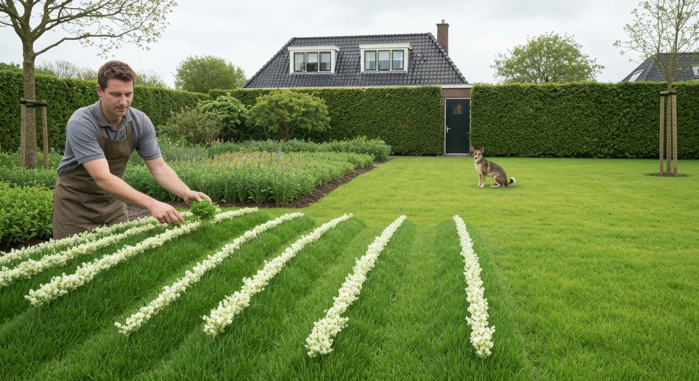Persoon strooit kieseriet over een groen gazon in een Nederlandse achtertuin, zonder herkenbaar gezicht.