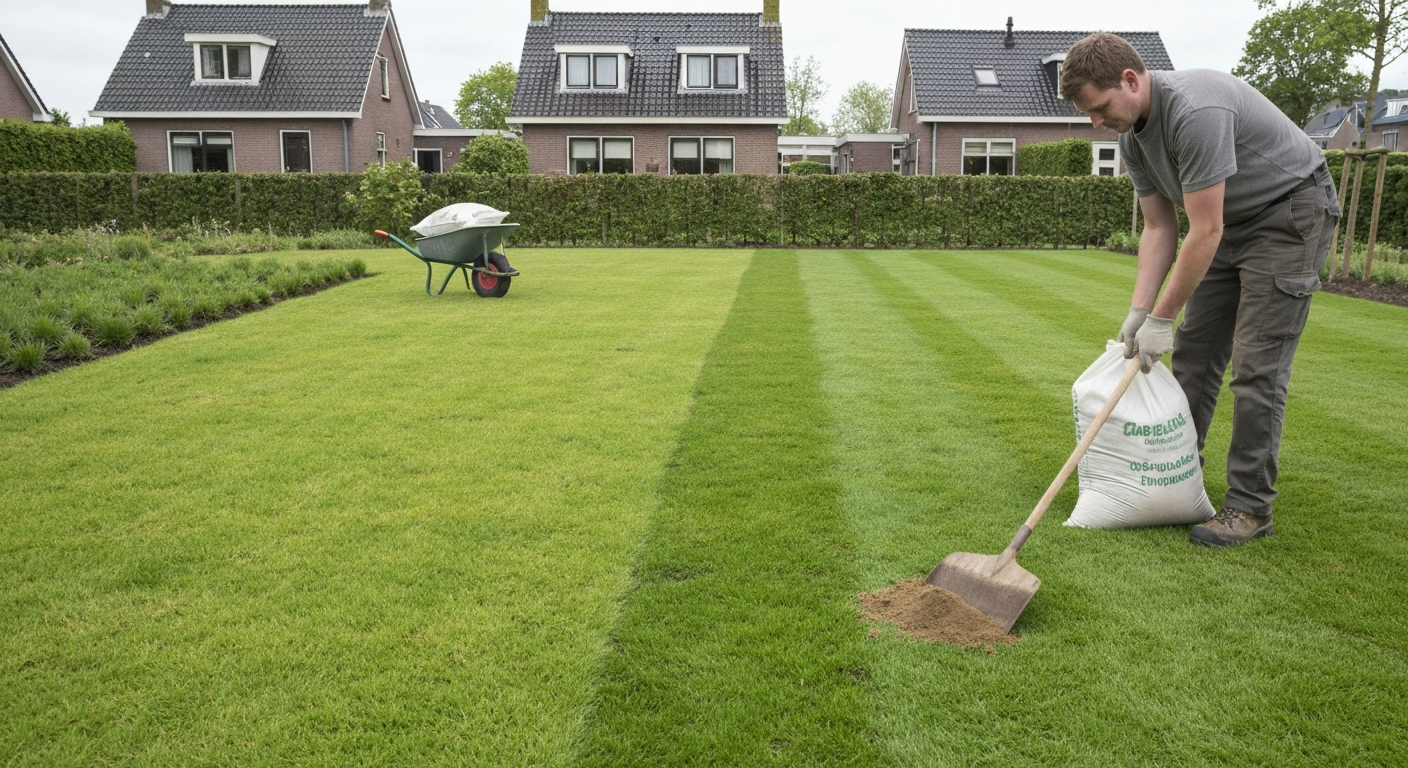 Half-voor/half-na foto van een Nederlandse achtertuin: links verzakt gazon met kuilen en plassen, rechts opgehoogd en geëgaliseerd; persoon werkt met bezemhark en ophoogzand.