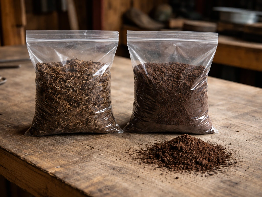 Twee soorten turfproducten met aparte zakjes en losse materialen op een simpele werkbank, zonder tekst.