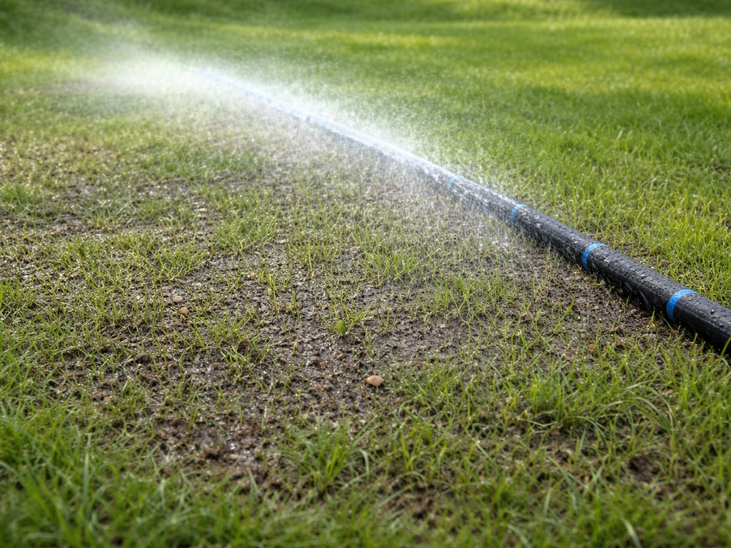 Beregeningsslang sproeit gelijkmatig over een pas gestrooid gazon, zodat het gras goed vochtig wordt.