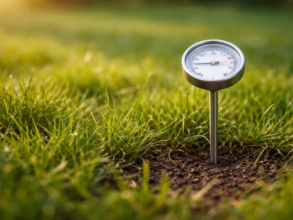 Groen gazon in voorjaar met jonge grassprieten en een bodemthermometer in de grond
