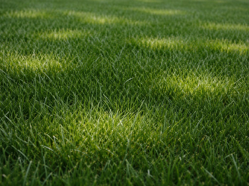 Close-up van abnormaal donkergroen gazon met lichte, ongelijk verdeelde plekken tussen de grassprieten.