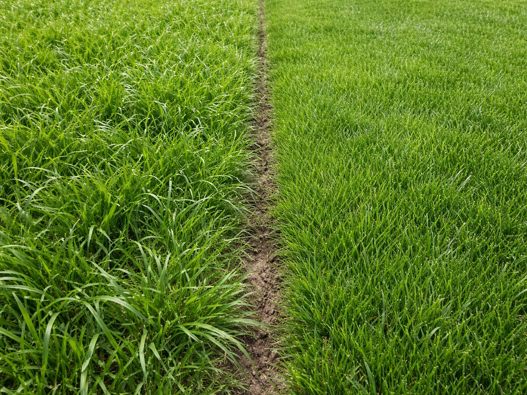 Vergelijking van gazon: links slap en weelderig blad door te veel stikstof, rechts stevig, gezond groen.