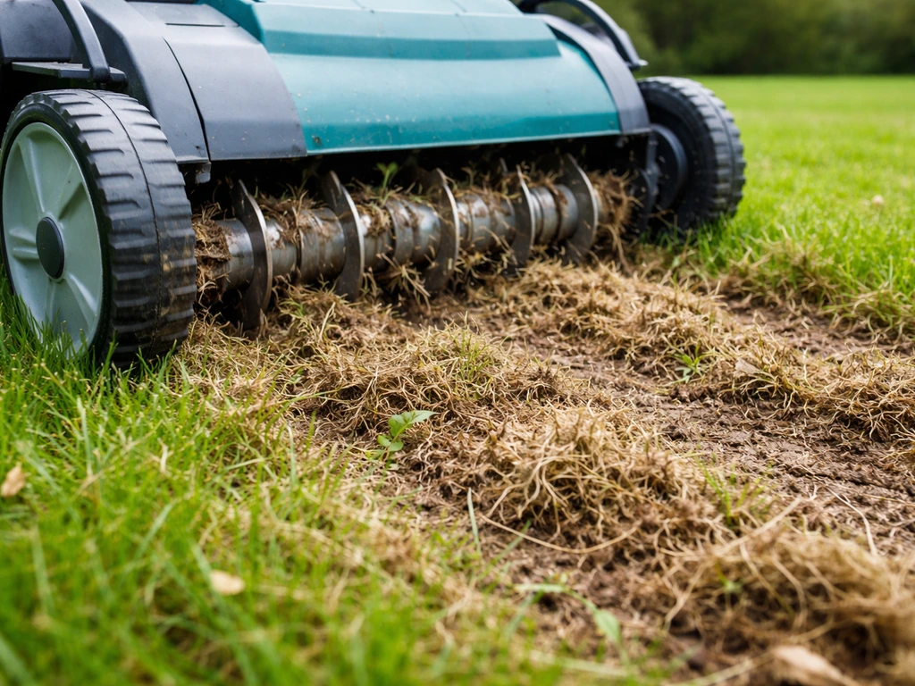 Verticuteerwerk in het gazon: verticuteermes haalt vilt en plantresten los, open bodem zichtbaar.