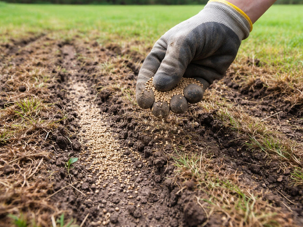 Hand strooit nieuw graszaad op kale stroken van het gazon na verticuteren, zaad licht zichtbaar.