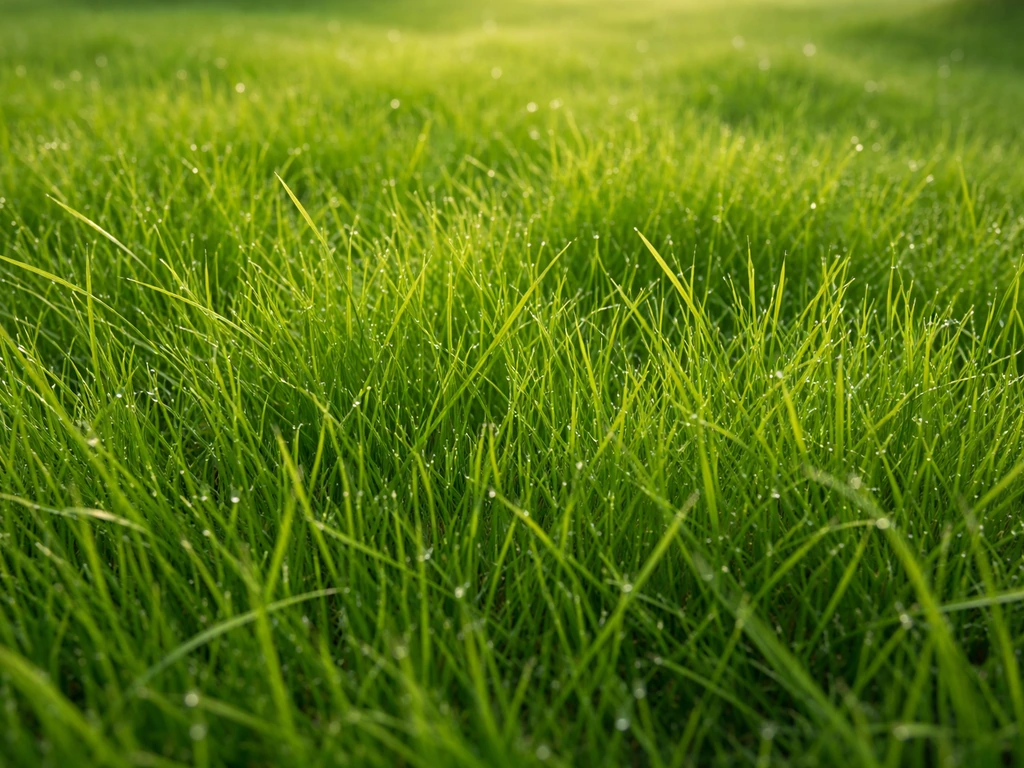 Donkergroen gazon met weelderig, actief groeiend gras, dicht op de bodem gefotografeerd.