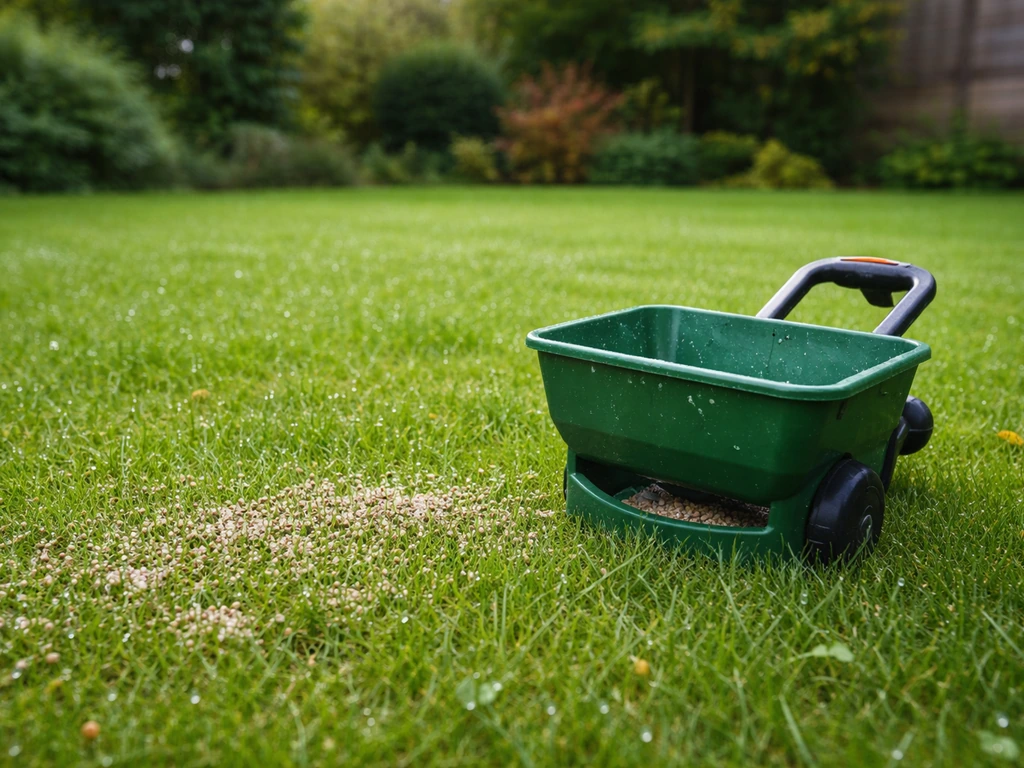 Groen gazon in september met zichtbare strooibeurt en licht sproeiwater rond een strooier