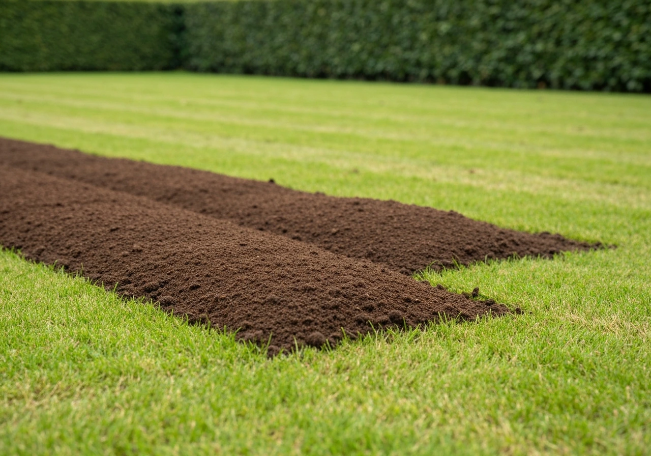 Gezeefde bruine compost wordt in een dunne laag over een bestaand gazon verdeeld met tuingereedschap.