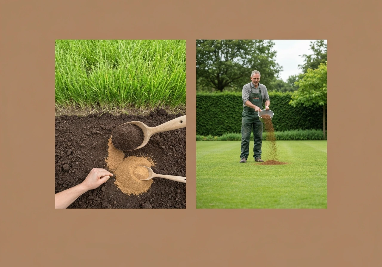 Links verse grond met inzaaien/grasmat, rechts bestaand gazon met strooicompost voor topdressing