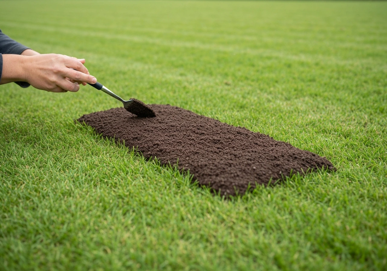 Close-up van compost die met hark en rolvormige verdeler over een bestaand gazon wordt topgedressed.