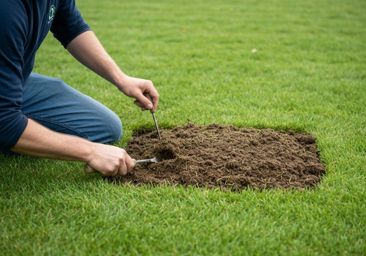 Anonieme hand werkt compost in een kort gemaaid gazon met een kleine hark, zodat het contact maakt met de toplaag.