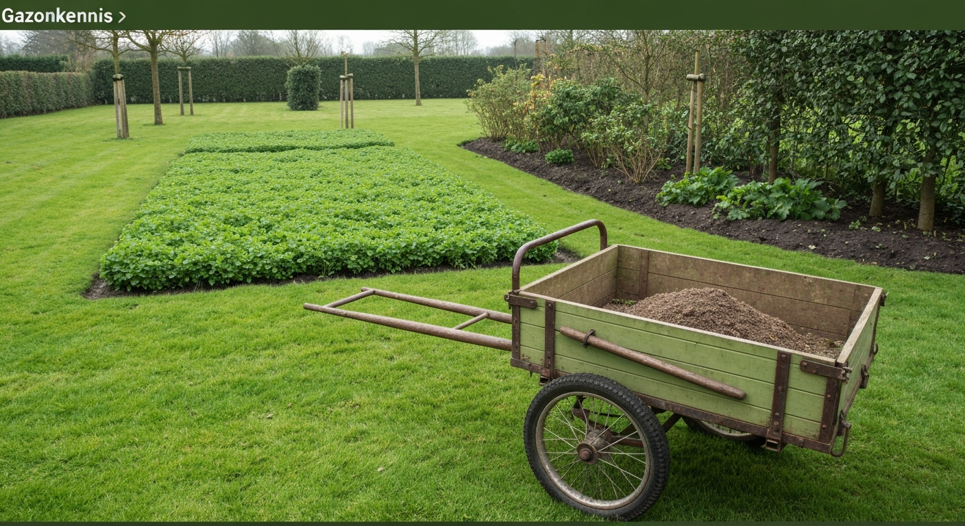 Fotorealistische foto van een gezond Nederlands gazon met een strooiwagen die korrels mest verspreidt in een typische achtertuin.