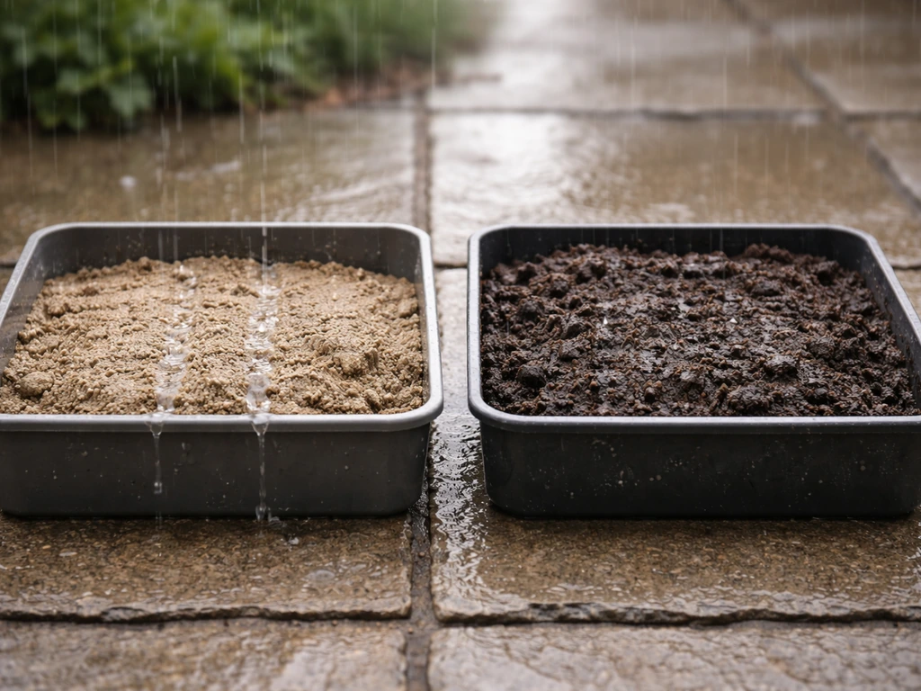 Twee bodembakjes: zand met uitspoelingssporen door regenwater en klei met betere vochtvasthouding.